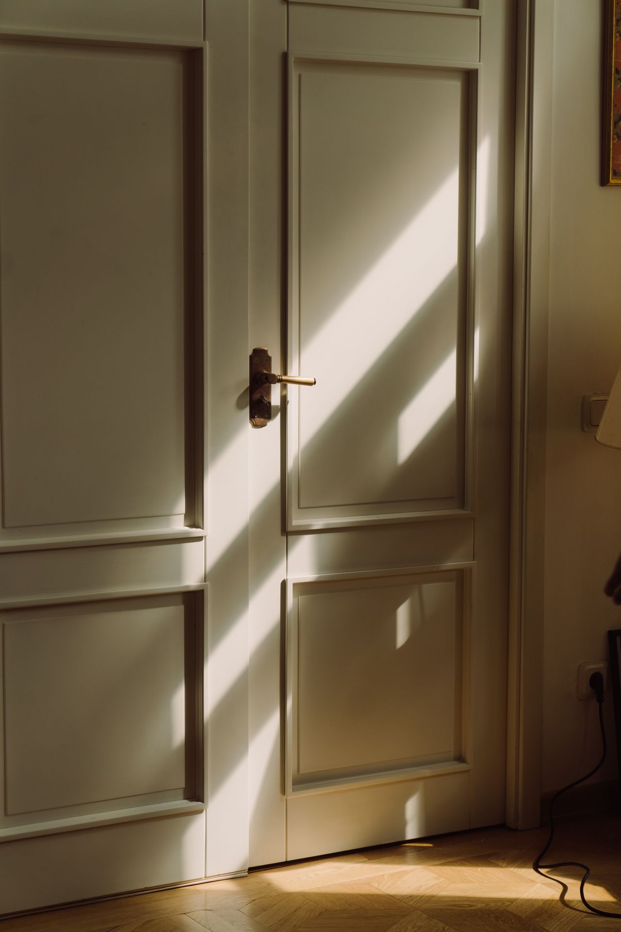 Puerta interior de paneles iluminada por el sol
